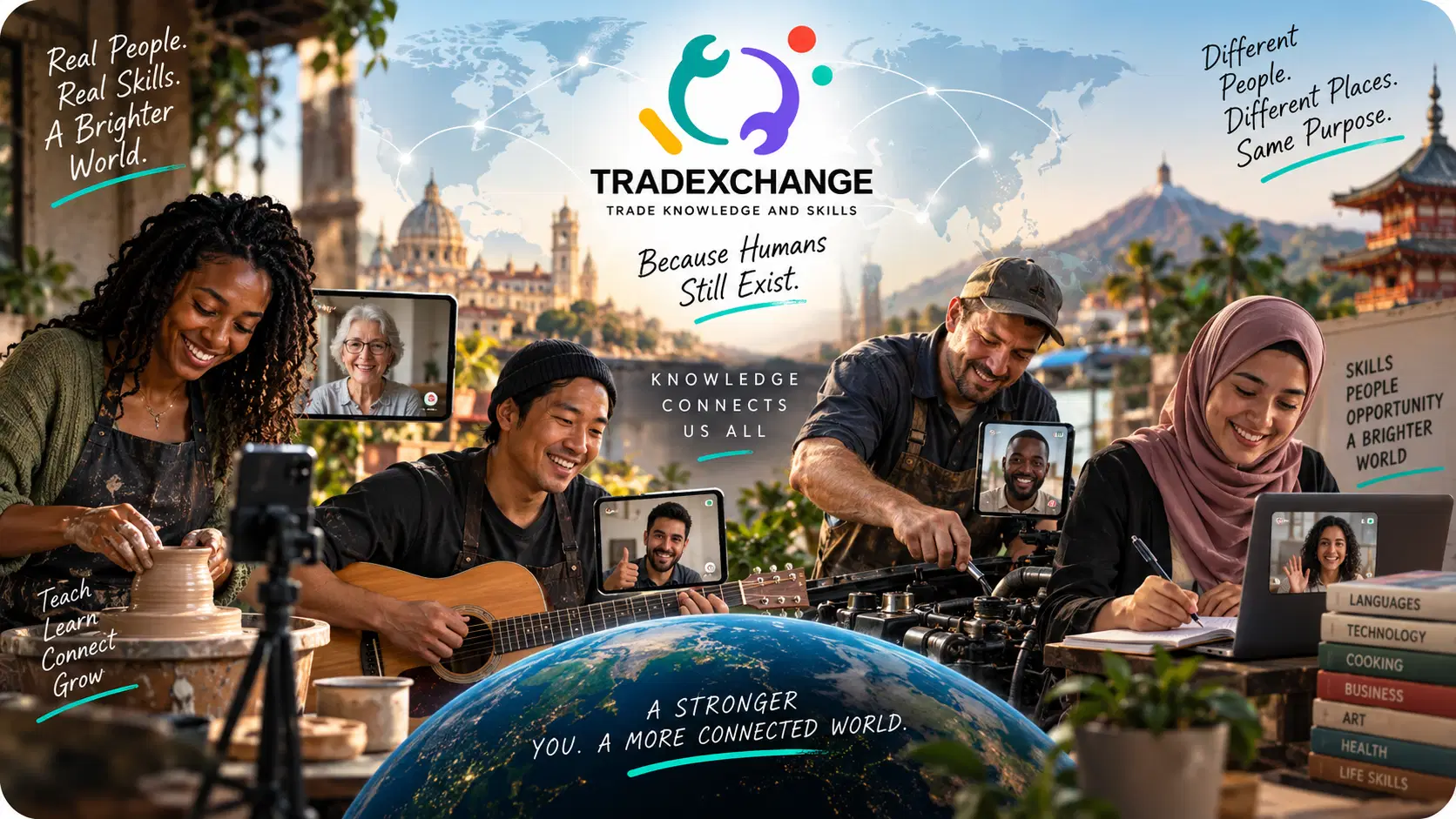 People in different countries teaching skills through video calls around a globe