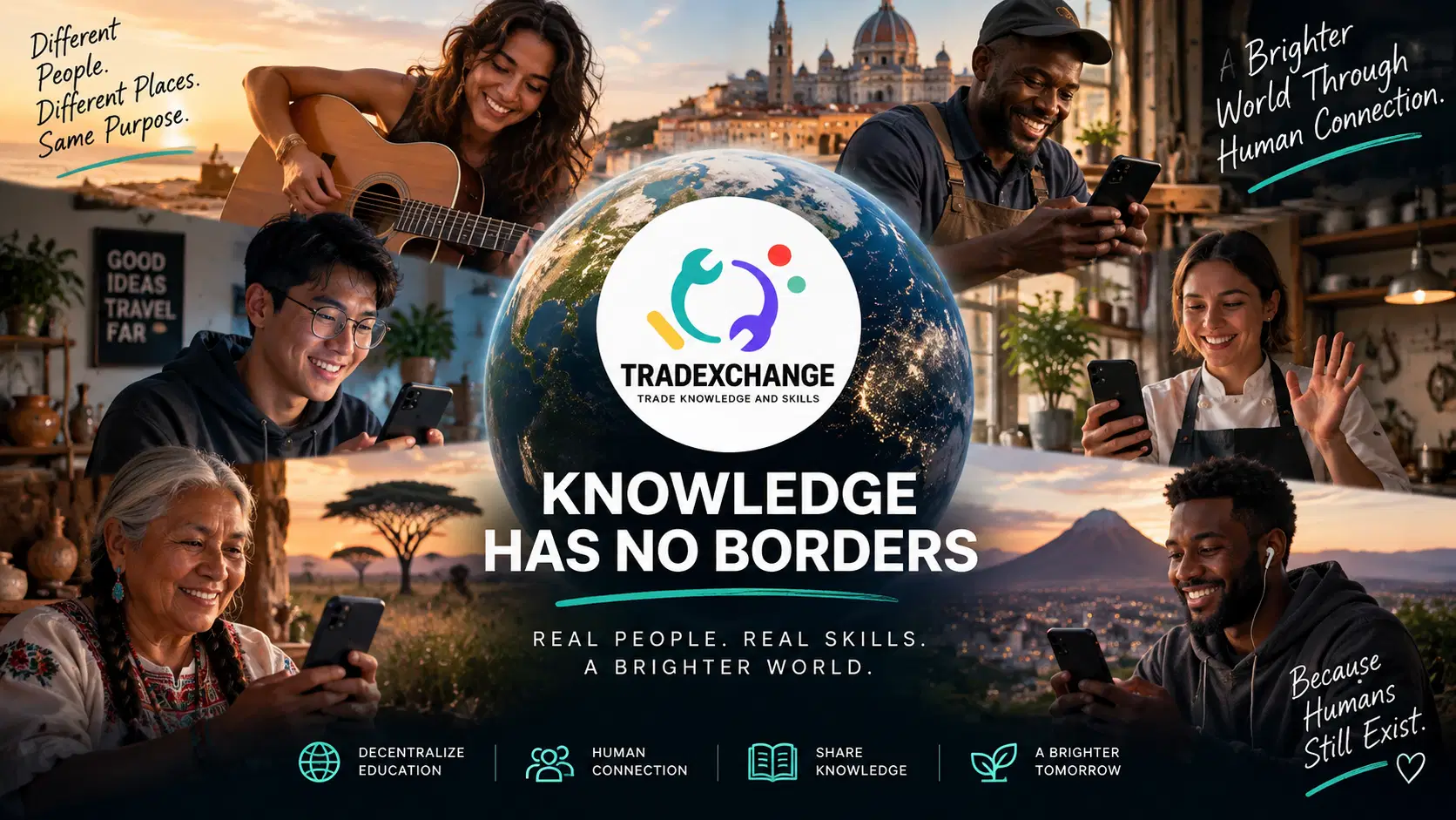 A collage of diverse people in different places sharing skills through phones around a globe, with the message ‘Knowledge Has No Borders.’